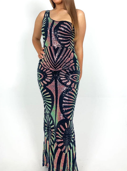 One Shoulder Holographic Sequin Maxi