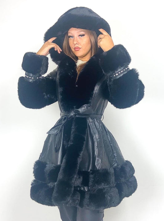Longline PU Faux Fur Hooded Peplum Coat