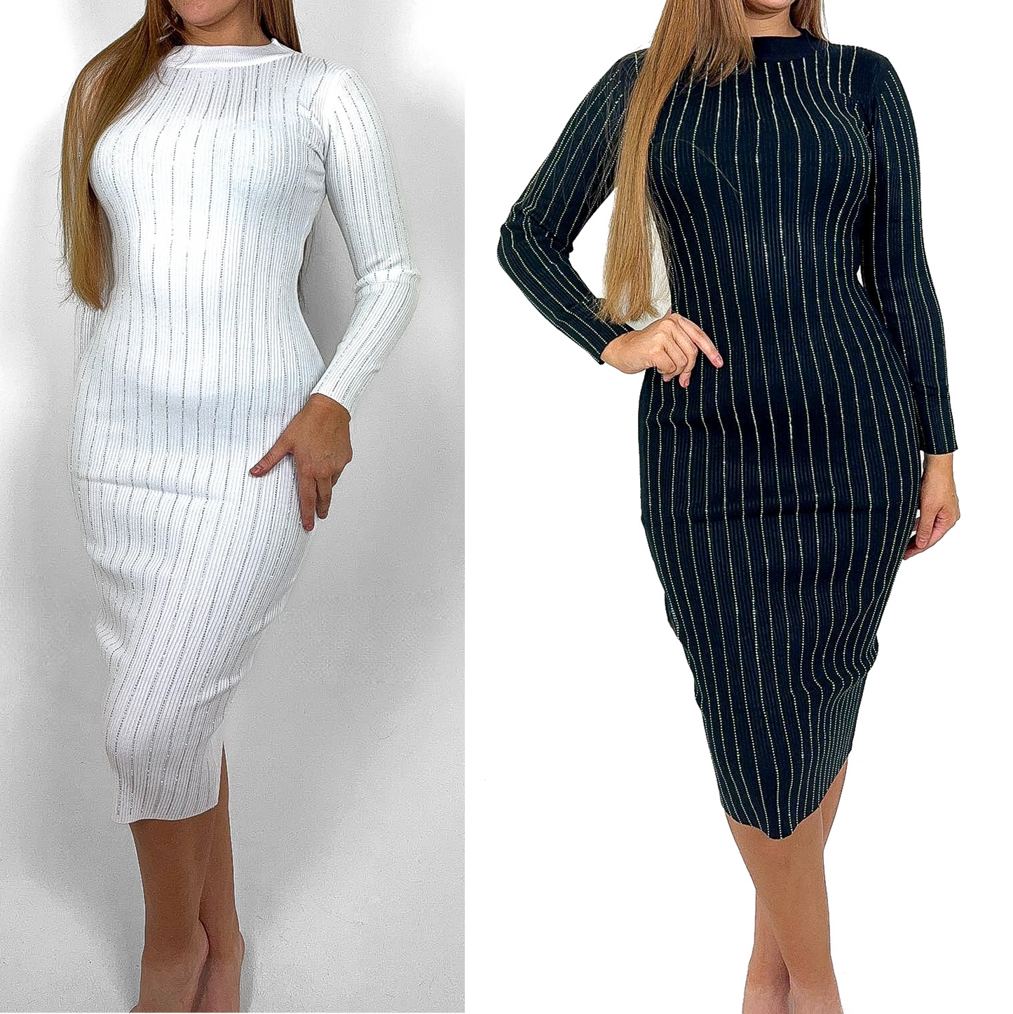 Diamante Stripe Long Sleeve Knitted Dress