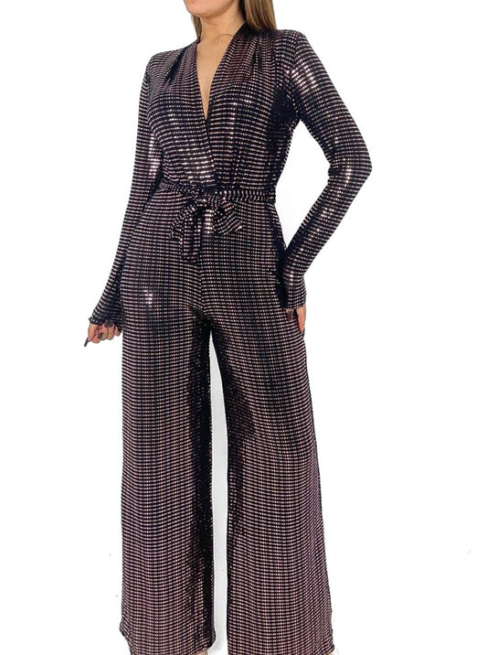 Long Sleeve Belted Sequin Jumpsuit