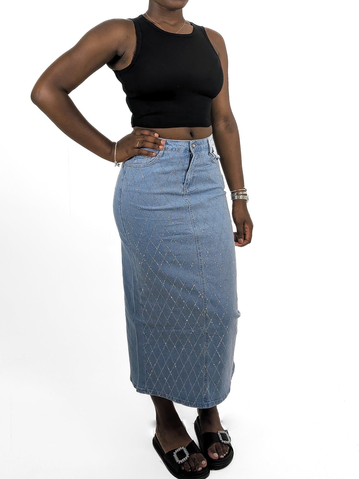 Criss Cross Diamante Denim Skirt
