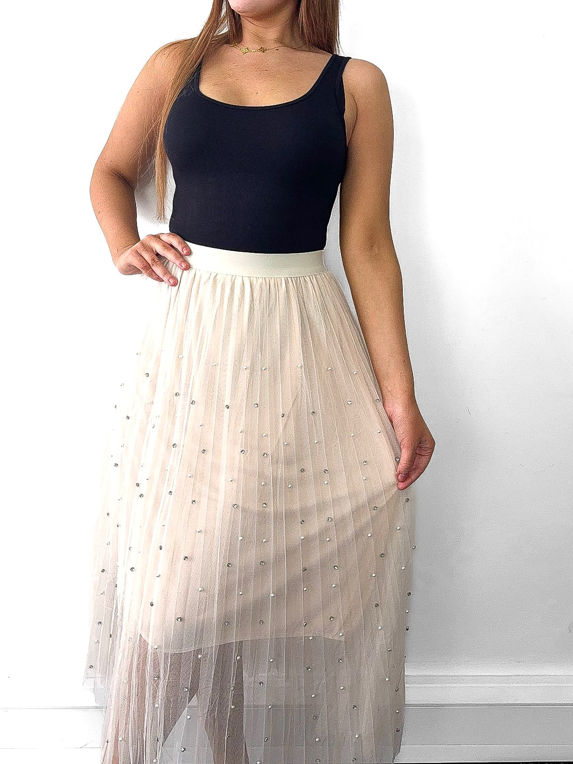 Pearl & Diamante Stud Mesh Midi Skirt