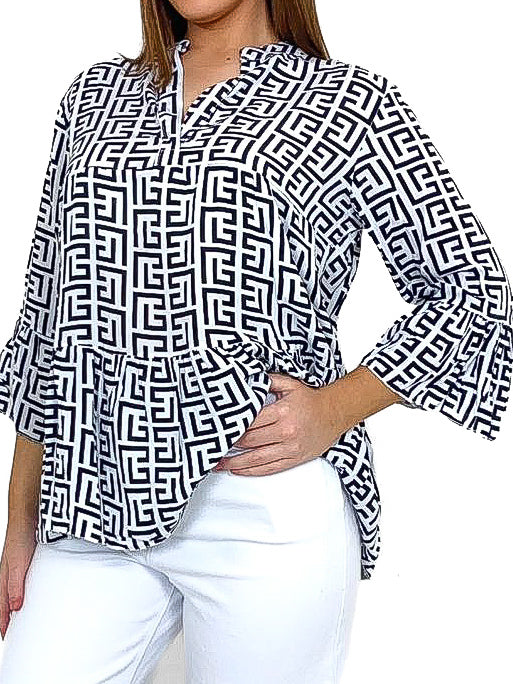Aztec Print Tiered Blouse