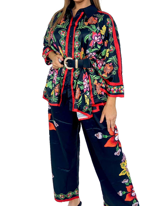 Floral Scarf Print Oversized Satin Co-Ord