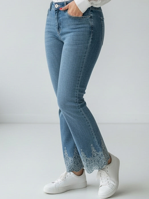 Scalloped Hem Embroidered Jeans