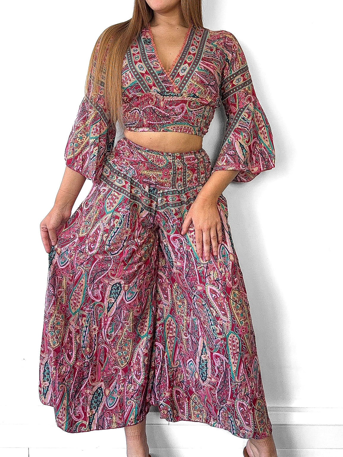 Boho Crop Top And Wide Leg Trousers Co-Ord
