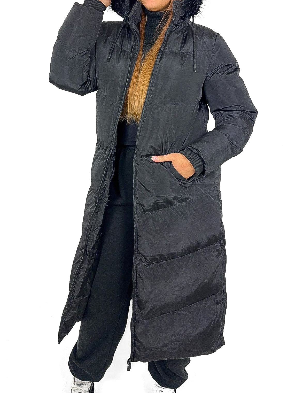 Fur Trim Hood Longline Padded Coat