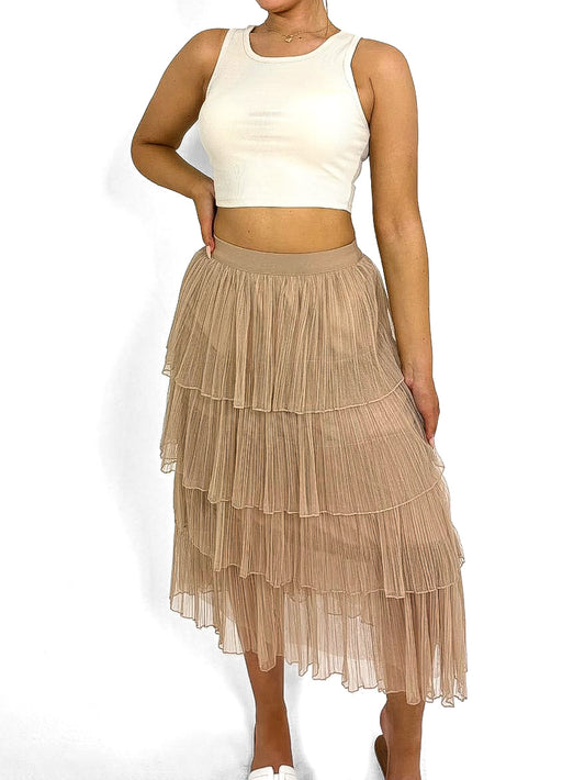 Layered Mesh Pleated Midi Skirt