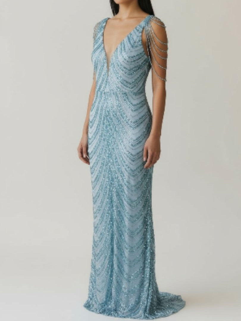 Beaded Shoulder Sequin Gown