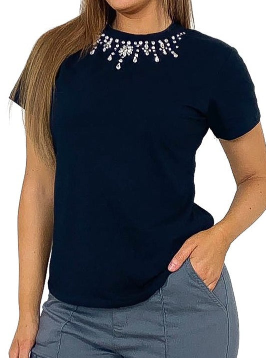 T-Shirt With Diamante Embellished Neckline