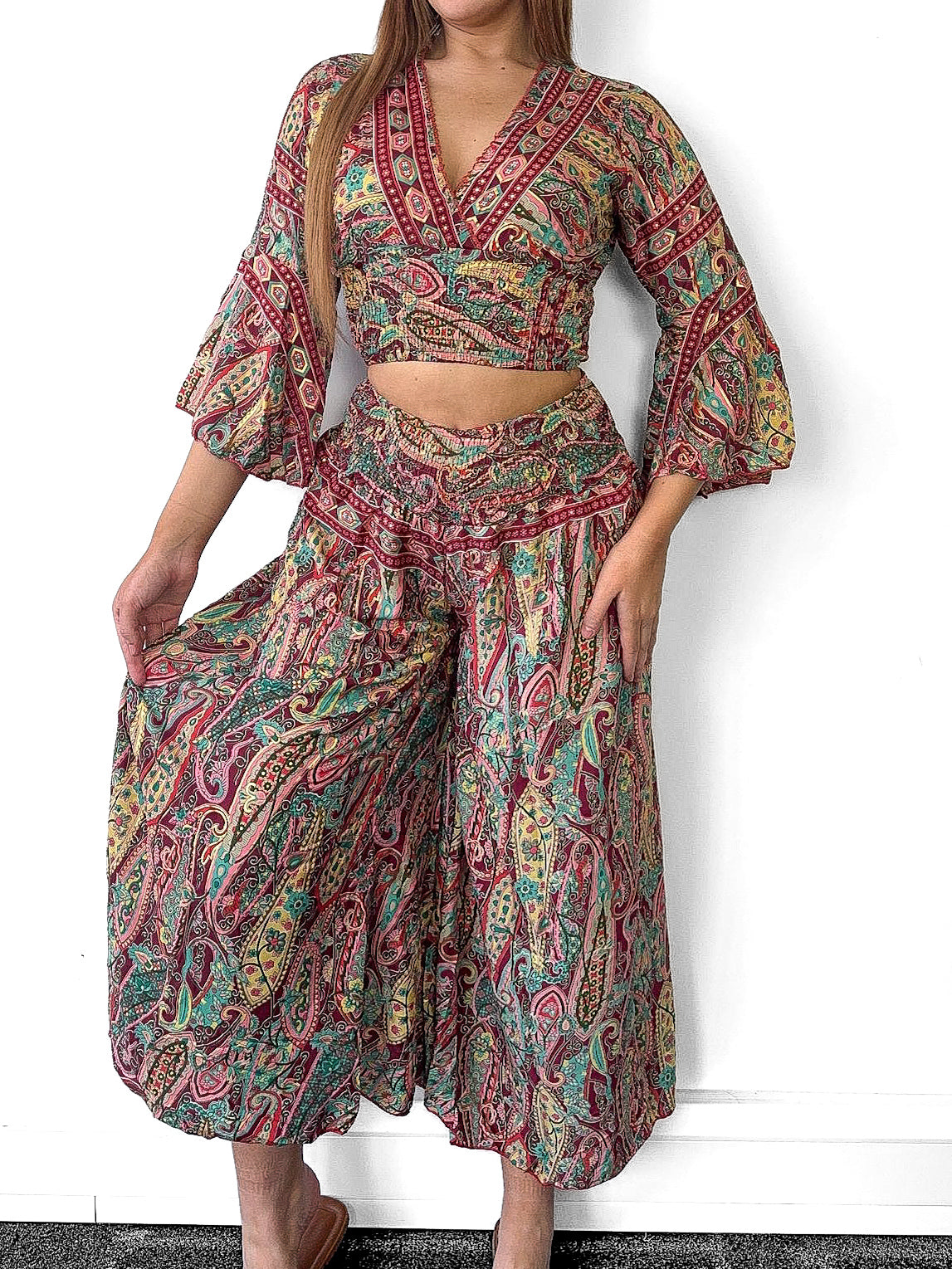 Boho Crop Top And Wide Leg Trousers Co-Ord