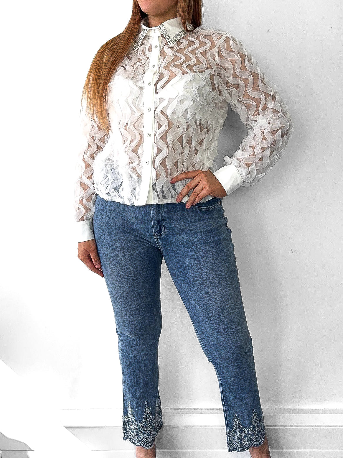 Scalloped Hem Embroidered Jeans