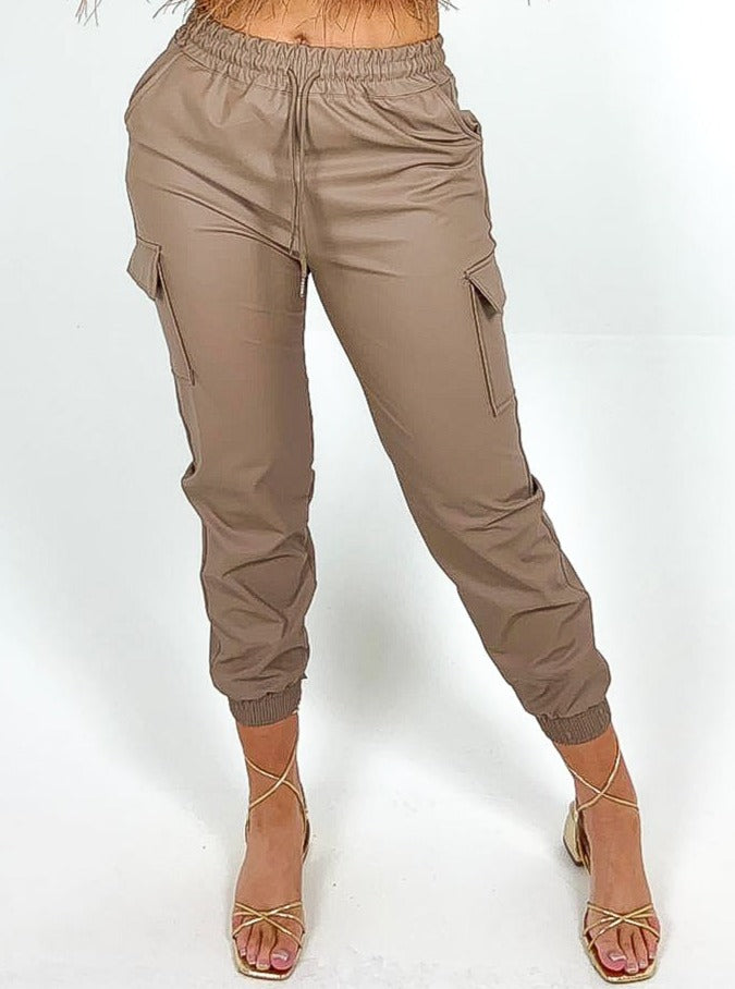 Khaki pu online joggers