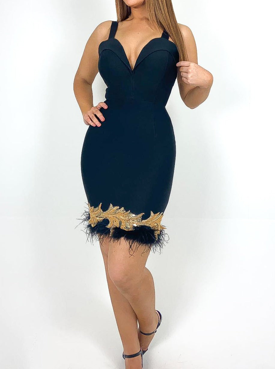 Feather & Lace Applique Hem Bandage Dress