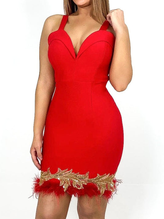 Feather & Lace Applique Hem Bandage Dress