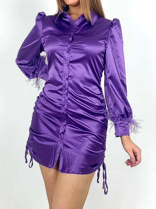 Feather Cuff Satin Shirt Dress