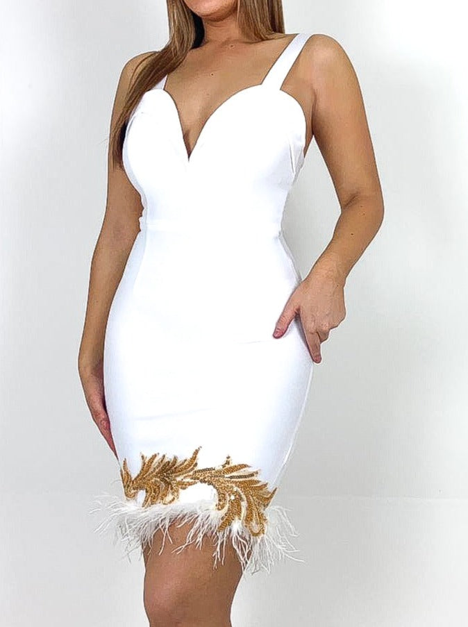 Feather & Lace Applique Hem Bandage Dress