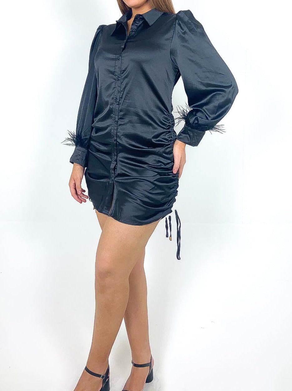 Feather Cuff Satin Shirt Dress