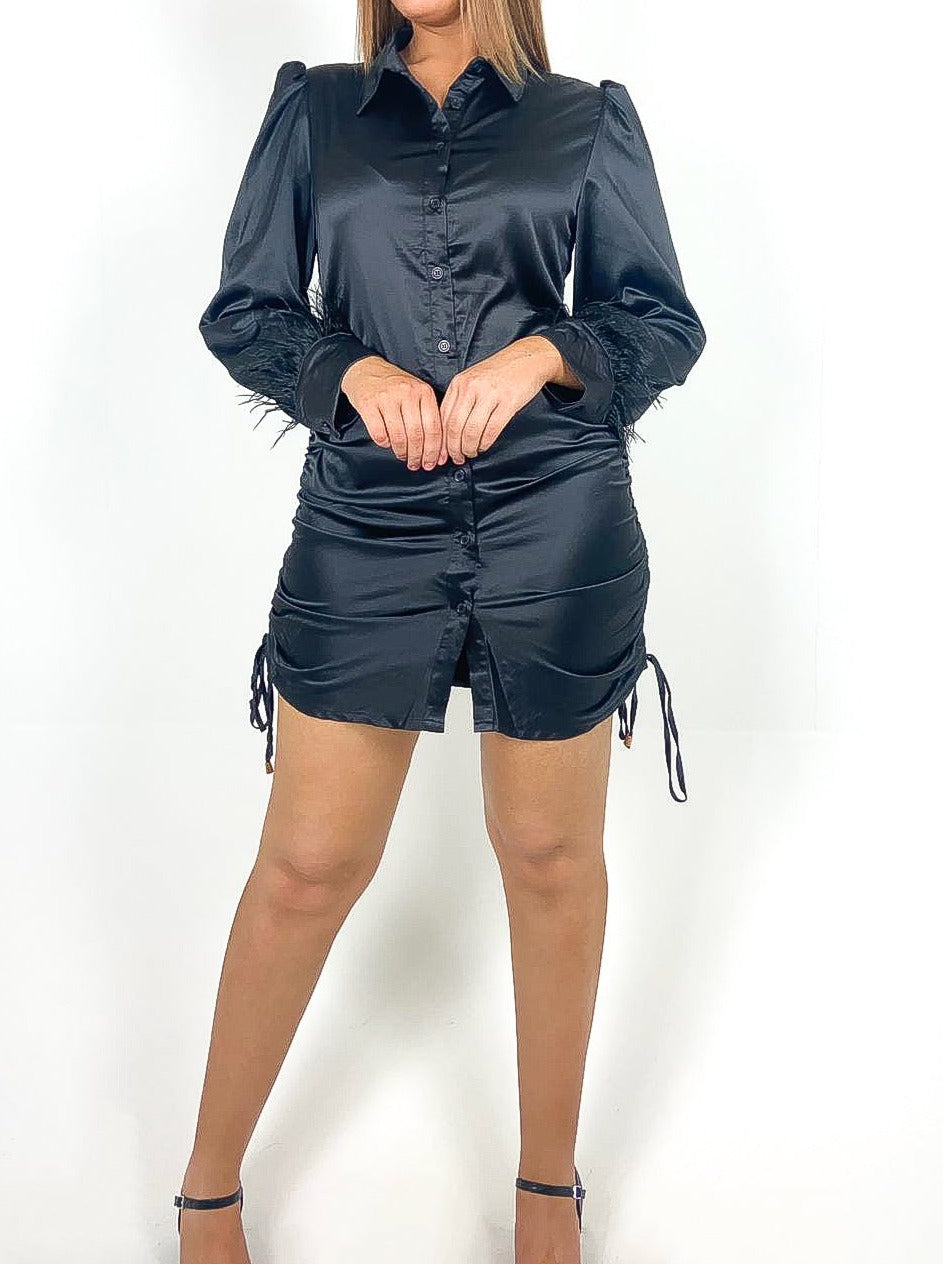 Feather Cuff Satin Shirt Dress