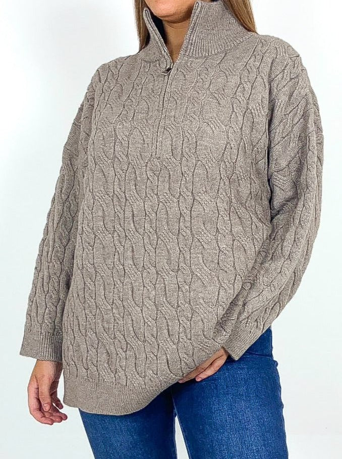 Cable Knit Zip Neck Jumper