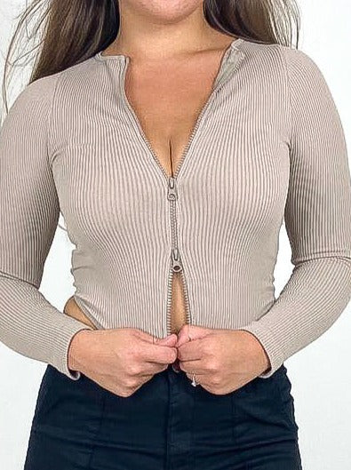 Double Zip Ribbed Crop Top