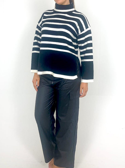 Split Side Striped Roll Neck Jumper