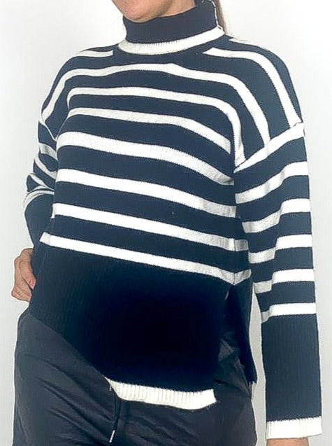 Split Side Striped Roll Neck Jumper