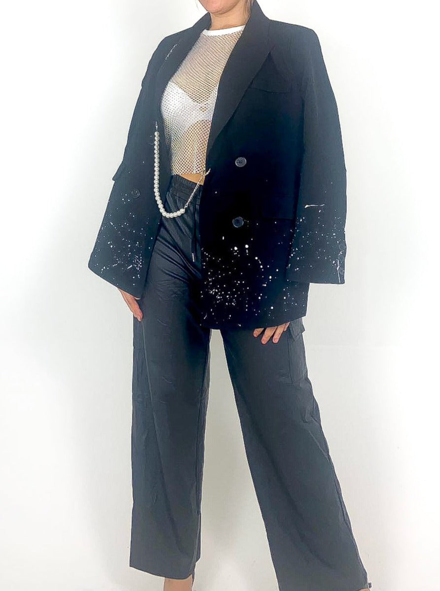 Paint Splatter Blazer With Pearl Chain