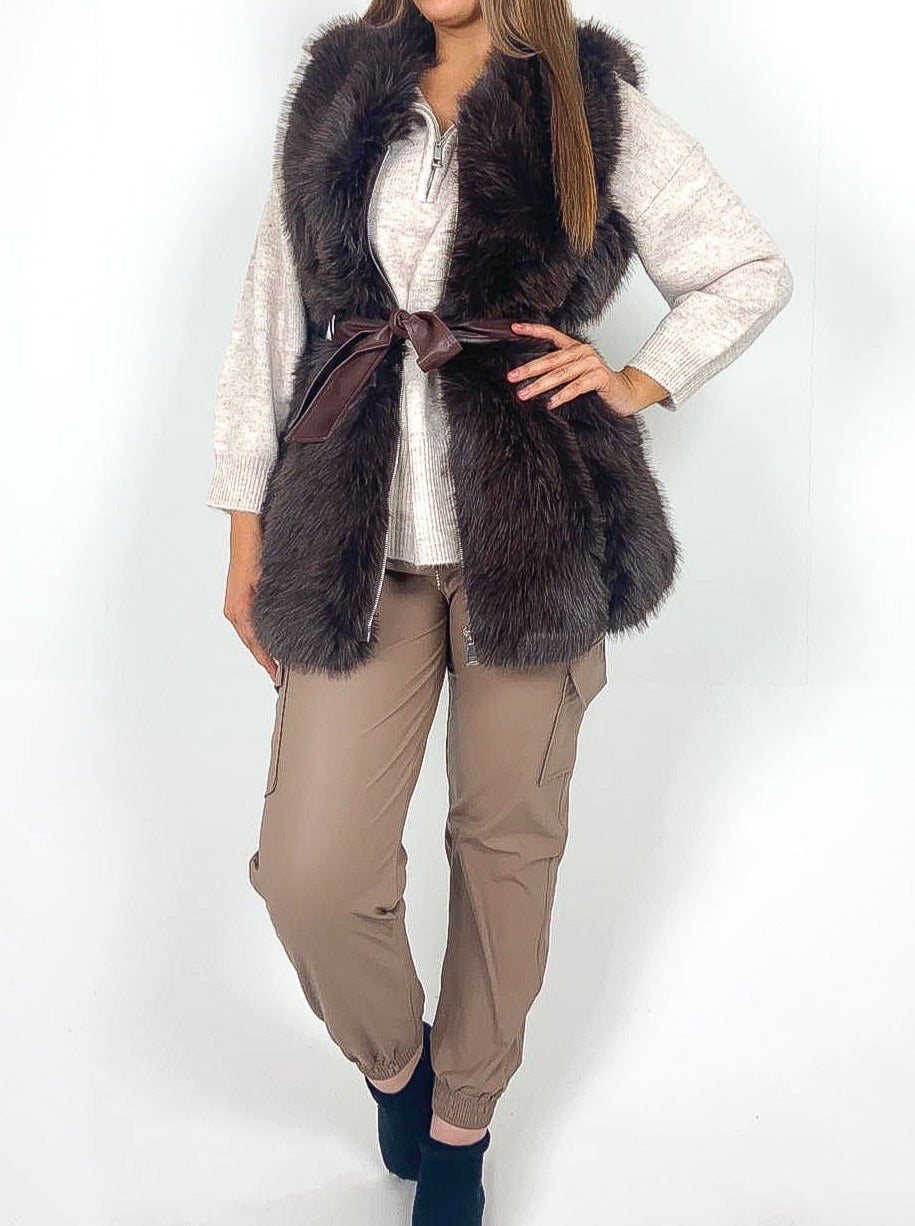 Longline Faux Fur Belted Gilet