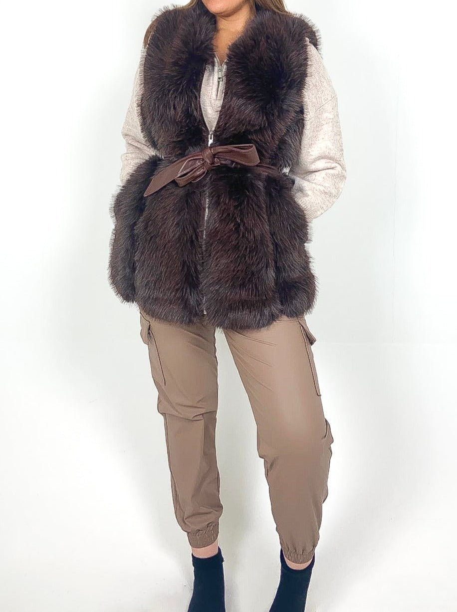 Longline Faux Fur Belted Gilet