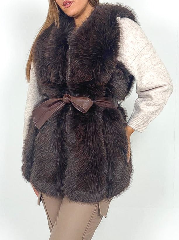 Longline Faux Fur Belted Gilet