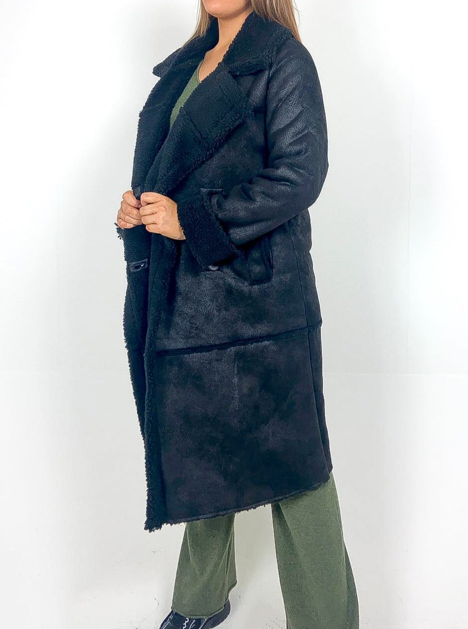 Longline shearling coat deals