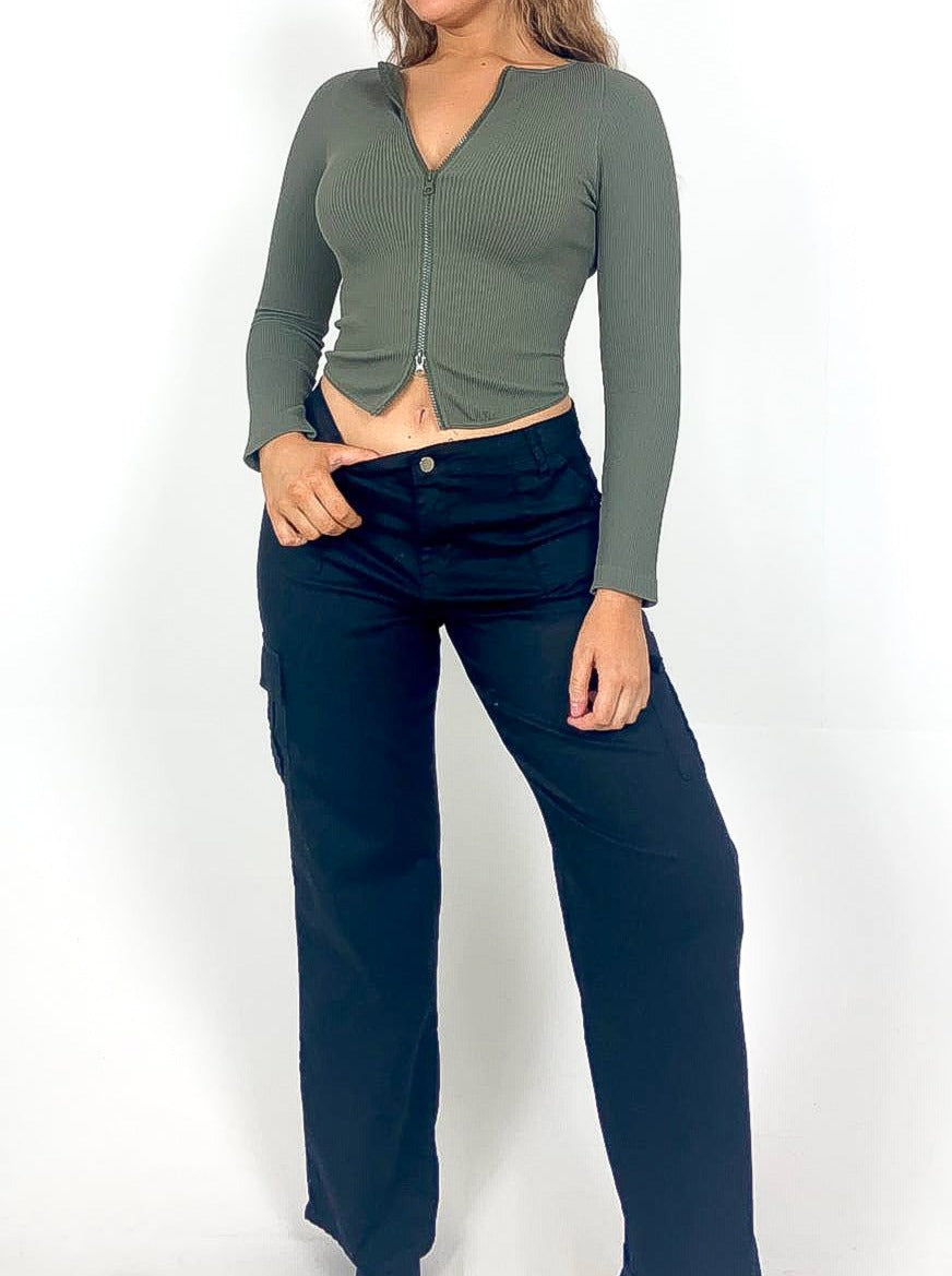 Double Zip Ribbed Crop Top