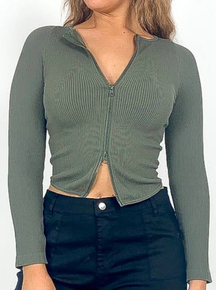 Double Zip Ribbed Crop Top