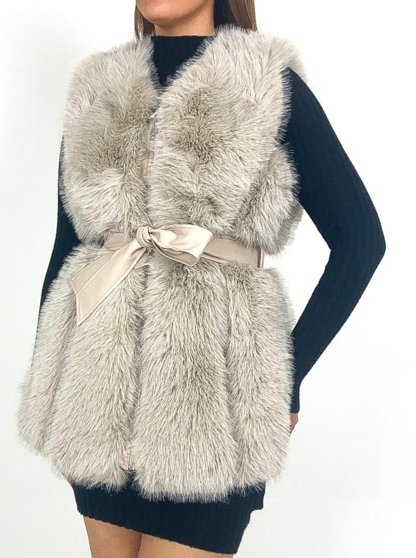 Longline Faux Fur Belted Gilet