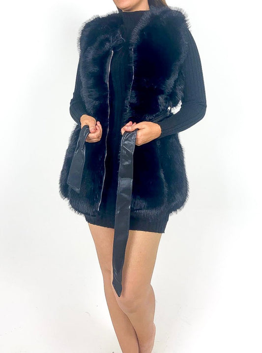 Longline Faux Fur Belted Gilet