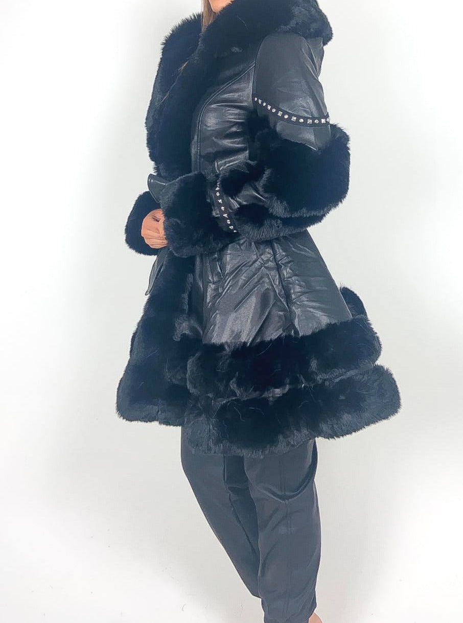 Longline PU Faux Fur Hooded Peplum Coat