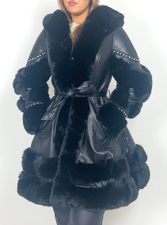 Longline PU Faux Fur Hooded Peplum Coat