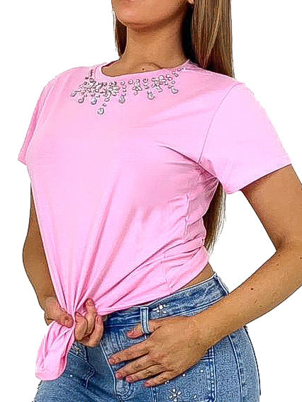 T-Shirt With Diamante Embellished Neckline