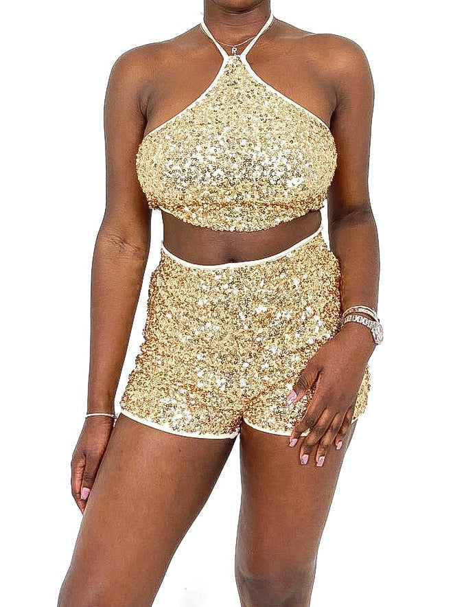 Sequin Halter Top & Shorts Set