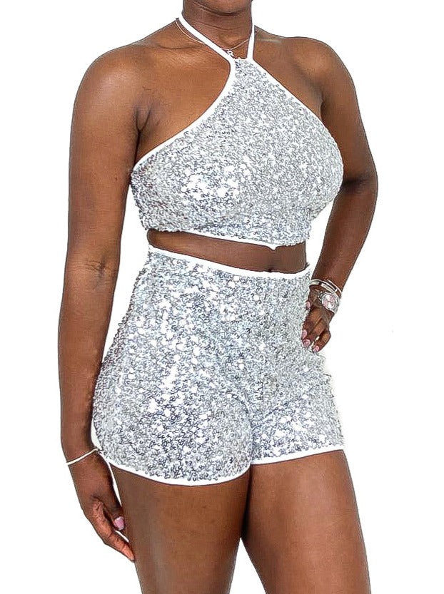 Sequin Halter Top & Shorts Set