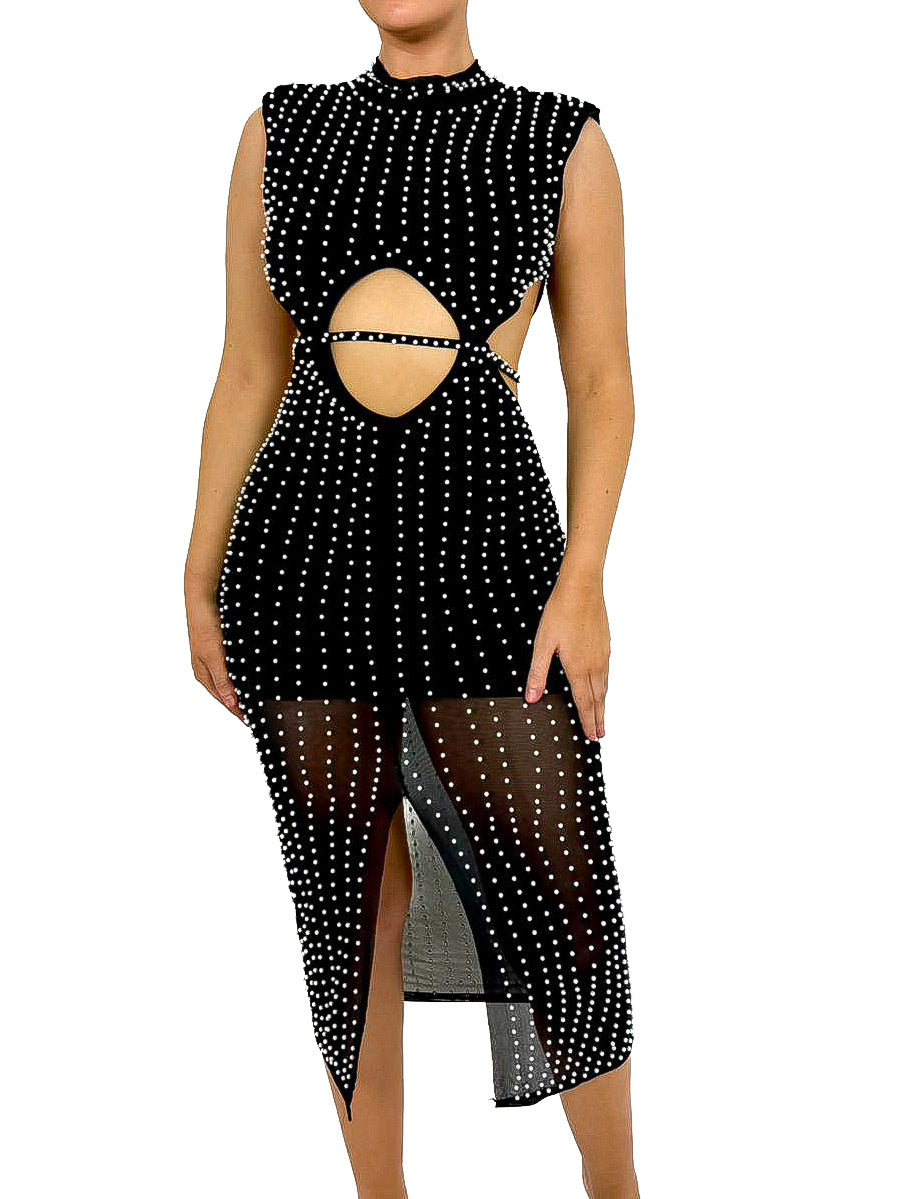 Pearl Embellished Mesh Midi Dress