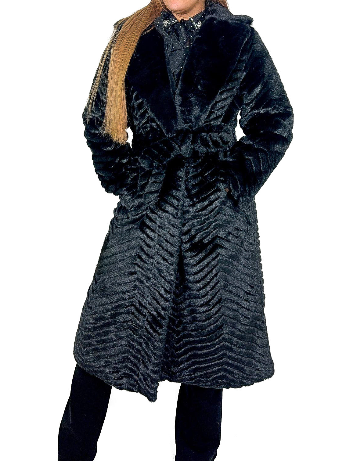 Chevron Longline Belted Faux Fur Coat