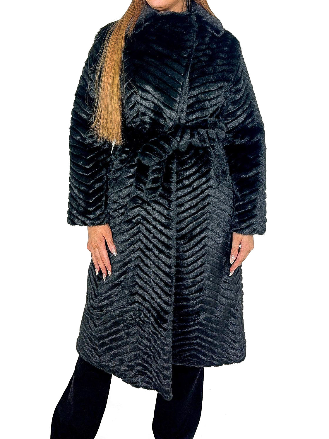 Chevron Longline Belted Faux Fur Coat