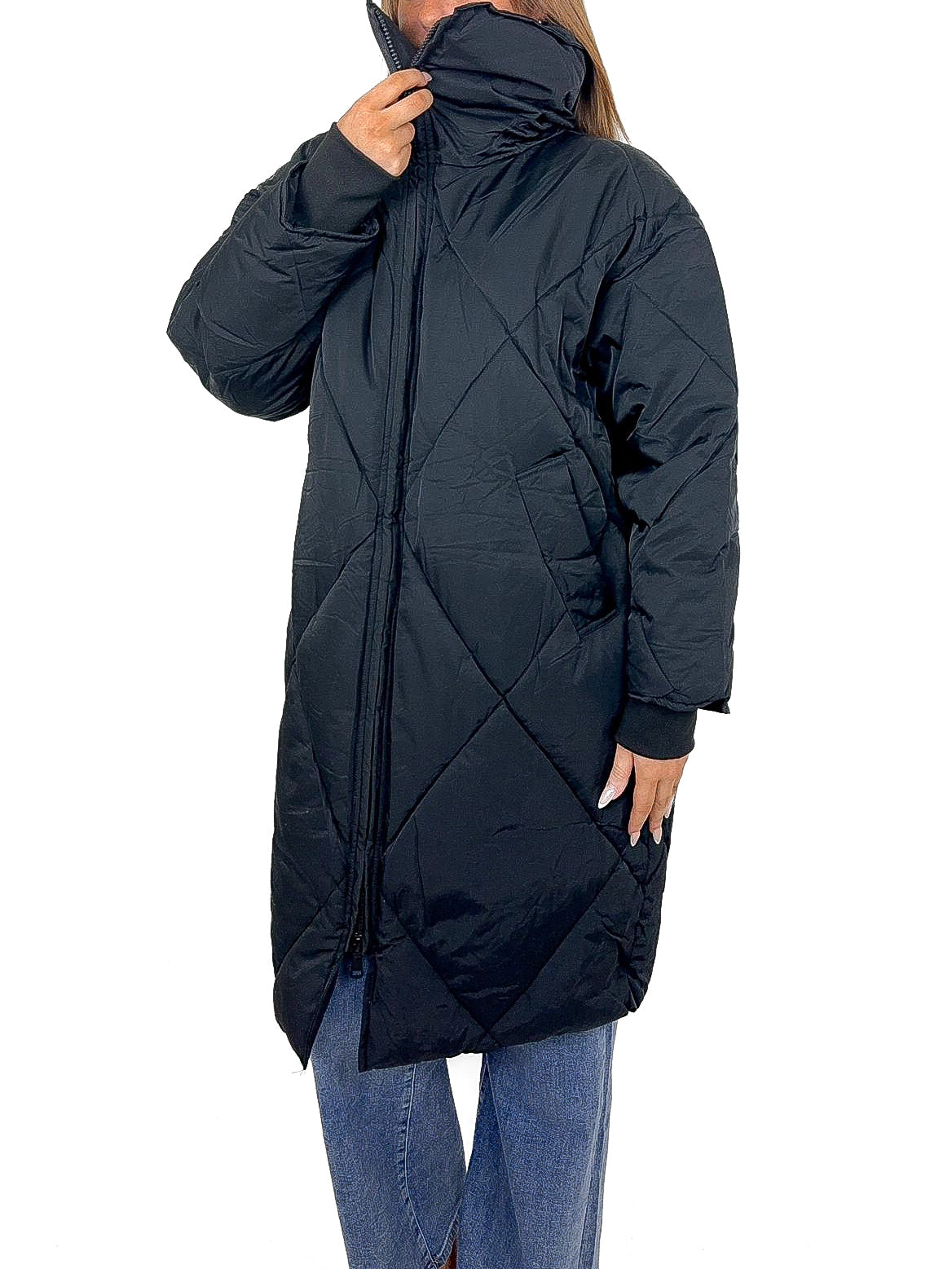 Zip Fastened Diamond Quilt Longline Padded Coat