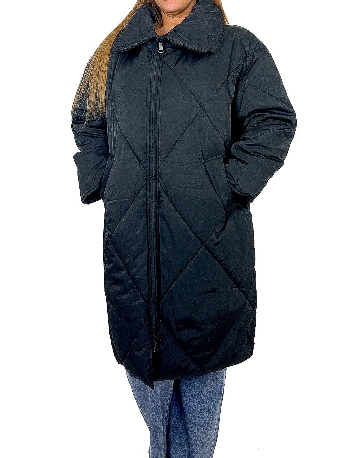 Zip Fastened Diamond Quilt Longline Padded Coat