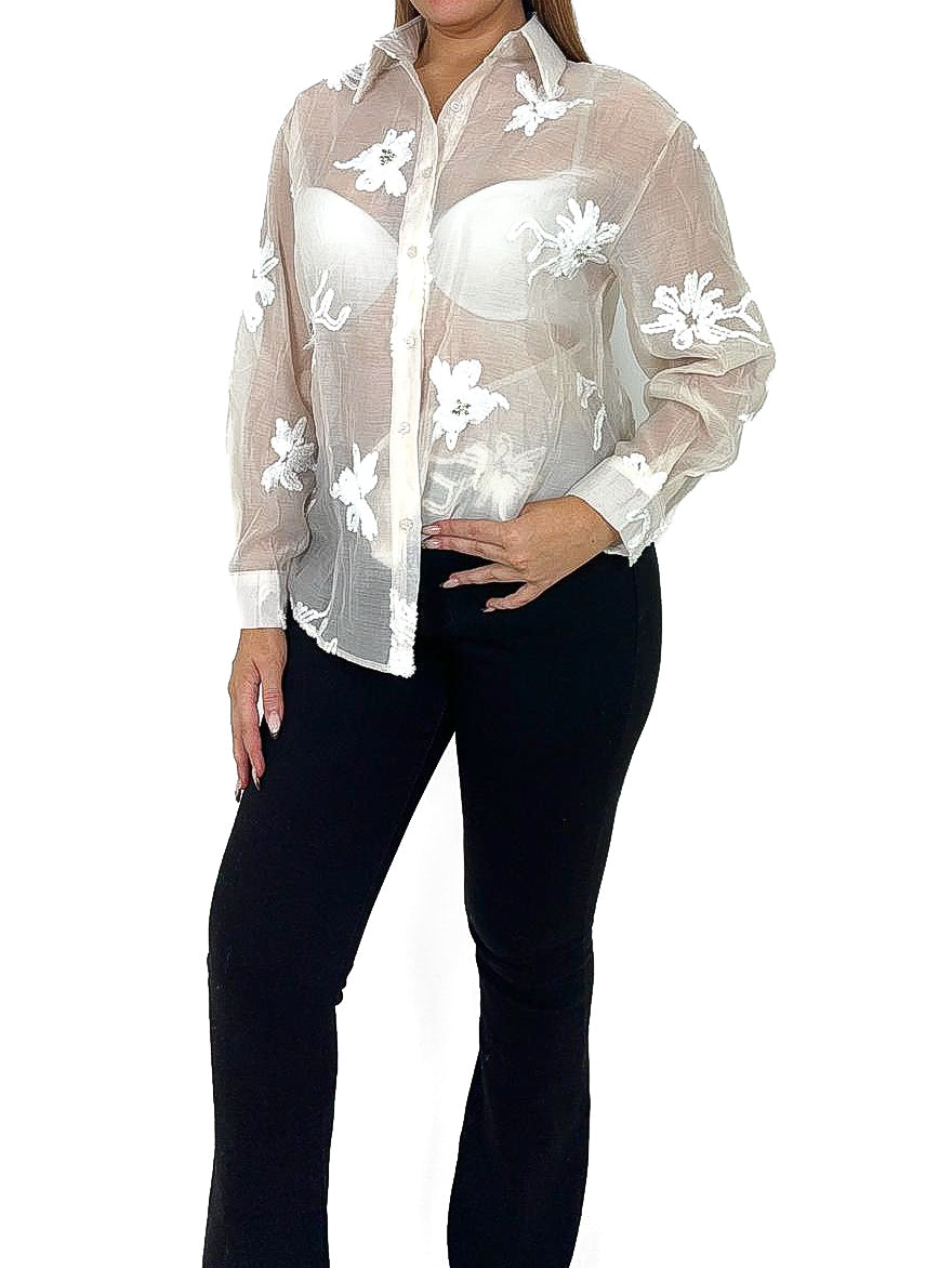 Floral Embroidered Sheer Blouse