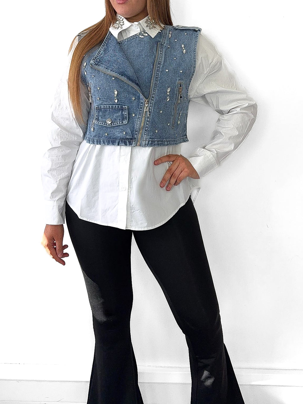 Embellished Denim Waistcoat & Shirt Set