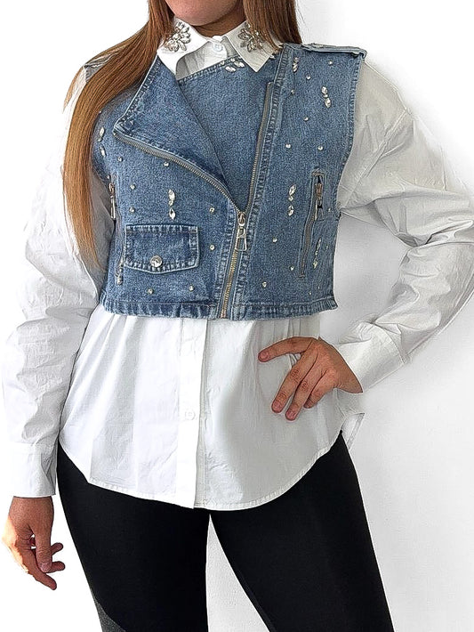 Embellished Denim Waistcoat & Shirt Set
