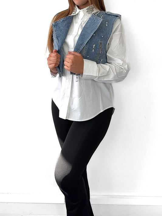 Embellished Denim Waistcoat & Shirt Set